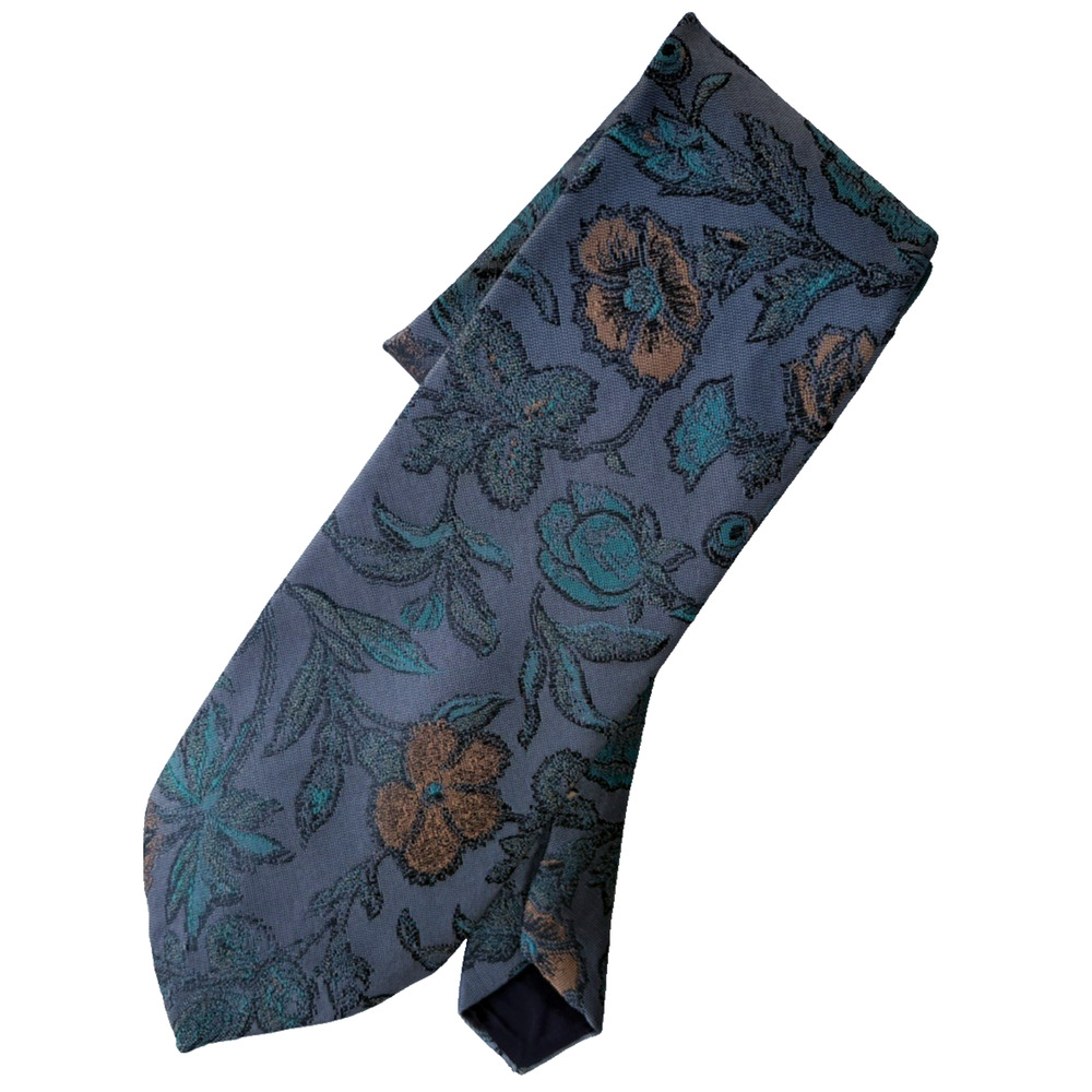 Vintage‎ Wembley Wemsilk Floral Jacquard Silk Necktie Gray Teal 3.5" W 56.5" L